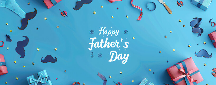 Father's Day celebration background adorned with a gift box mug calendar mustache heart shape