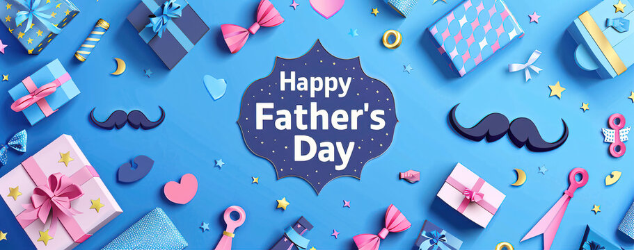 Father's Day celebration background adorned with a gift box mug calendar mustache heart shape