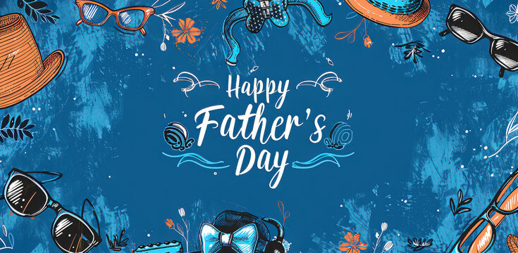 Father's Day celebration background adorned with a gift box mug calendar mustache heart shape