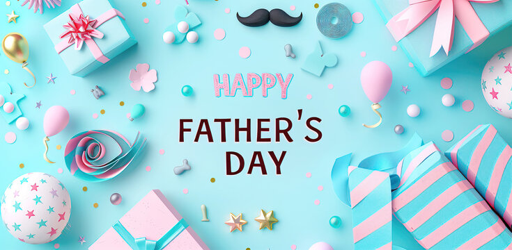 Father's Day celebration background adorned with a gift box mug calendar mustache heart shape