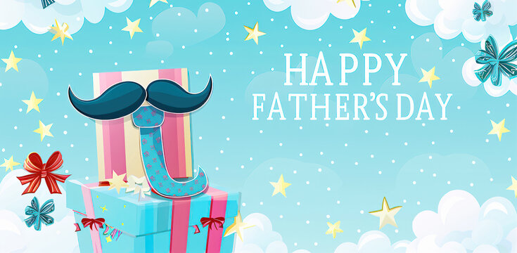 Father's Day celebration background adorned with a gift box mug calendar mustache heart shape