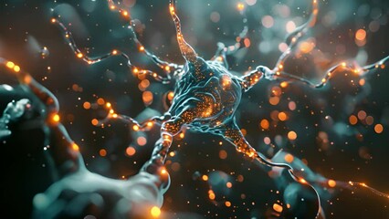 Poster - Computer-generated visualization of a neural synapse with signal transmission.