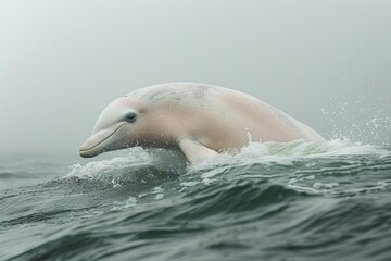 finless porpoise bursting through water under bleached sky, in hyperrealistic style, blending modern with mystical elements in pink and yellow tones.