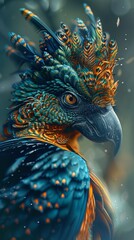 A mystical Garuda rises from the depths under a bleached sky, blending modern and mystical elements in teal and tangerine hues.