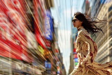 Wall Mural - A woman is walking down a city street with a blurry background