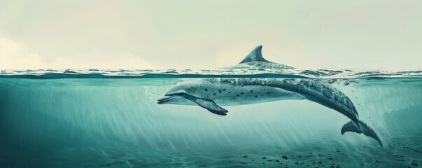  Risso's Dolphin breaches under a bleached sky, creating a mysterious and hyperrealistic scene with teal and tangerine hues.