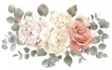 Wall Mural - Bouquet design vector of silver sage green and blush pink flowers. Dusty mauve roses, white dahlias, carnations, peonies, ranunculus, eucalyptus, greenery. Watercolor wedding flowers. 