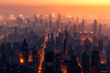 Aerial view capturing the sprawling expanse of a metropolitan skyline at sunrise