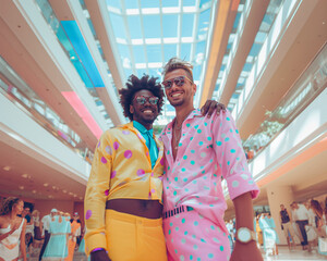 Multiethnic gay couple posing inside a shopping mall.