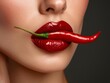 Vivid image of red woman lips holding a hot chili pepper, blending seduction and spice