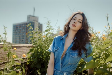 Wall Mural - woman in a blue shirt and denim shorts poses in a field of yellow flowers. The image has a bright and cheerful mood, with the woman's smile and the vibrant colors of the flowers