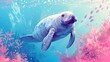 Peaceful Manatee Swimming Amidst Vibrant Coral Reef Underwater
