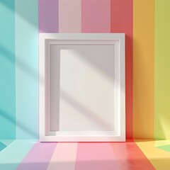 Wall Mural - Mockup of Blank White Photo Frame on Rainbow Themed Vibrant Backdrop for Kids and Children