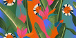 Exotic botanical geometric abstract pattern. Colorful dynamic contemporary seamless pattern. Hand drawn unique print.
