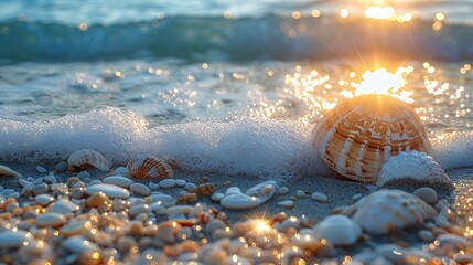 Sticker -   Seashells and shells on a sandy beach with the sun shining through the waves of the ocean in the background