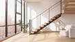 Staircase in a modern light interior with panoramic windows