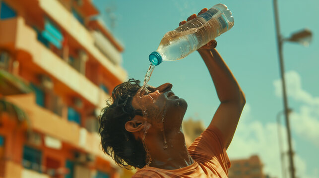 Indians drinking clean water from bottles Standing outside in the hot weather. heat wave. 