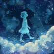 AI generated illustration of a child strolling under a starry night sky