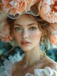 AI generated illustration of a woman wearing a peach flower hat posing elegantly