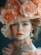 AI generated illustration of a woman wearing a peach flower hat posing elegantly