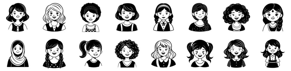 Wall Mural - School girls heads vector illustration. Girl portrait with different hair style hand drawn black on white background. Silhouette of hijab, braids, ponytail.