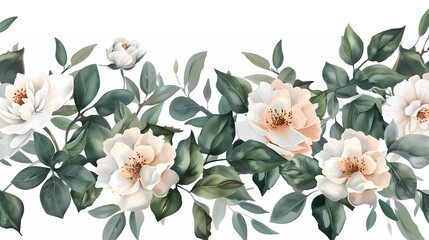 Wall Mural - Watercolor floral seamless border with green leaves, white flowers blush peach pink, leaves branches.