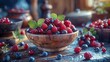 Rustic wooden bowl filled with fresh, juicy berries including raspberries, blueberries, and cherries, set on a vintage kitchen table.