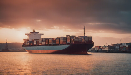 A cargo ship unloading containers at the port
