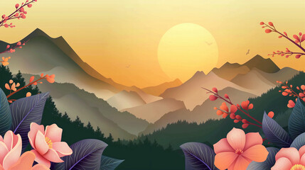 Wall Mural - a mountain range with a sunset in the background and a flowery landscape