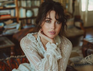 Wall Mural - portrait of young beautiful woman with long hair and makeup in sweater posing at home