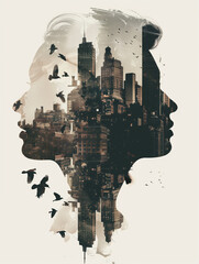 Wall Mural - Double exposure representing the connection between people in the city - poster