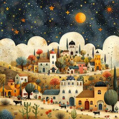 Wall Mural - a painting of a village in the mountains with a full moon. high quality illustration