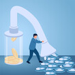 A man sucks user icons and turns them into coins in a bottle, illustration for conversion optimization rate.