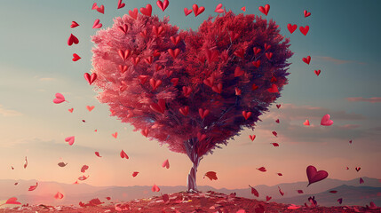 Tree of love. Red heart shaped tree landscape