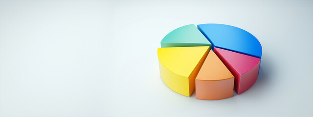 A colorful pie chart is divided into six slices. The slices are blue, green, red, yellow, orange, and purple. Abstract business pie chart made from colored parts. Business pie chart graphics