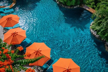 Poster - Aerial View of Pool With Orange Umbrellas