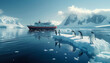 Penguins floating on a small ice floe with a research vessel moving through polar sea waters during the long polar day. This image represents concepts related to climate change, global warming, and re
