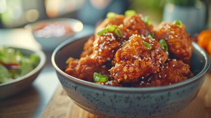 Wall Mural - A close-up view of a table adorned with a bowl of Chinese Fried Chicken and various mouth-watering dishes