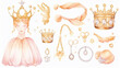 A set of pink icons of royal jewelry on a white background