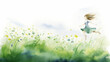 A blonde-haired girl runs through the grass in a meadow among flowers on a watercolor green background