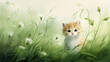 Cute cat sitting in wildflowers on a summer day, watercolor-style background postcard