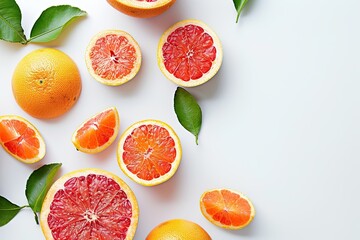 Wall Mural - Fresh and tasty grapefruits with green leaves on white background