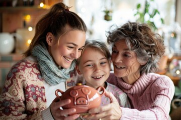 people and family concept - happy smiling girl with mother hugging on sofa at home. Beautiful simple AI generated image in 4K, unique.