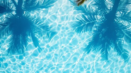 palm leaves shadows on blue swimming pool under the clear sky on a sunny day