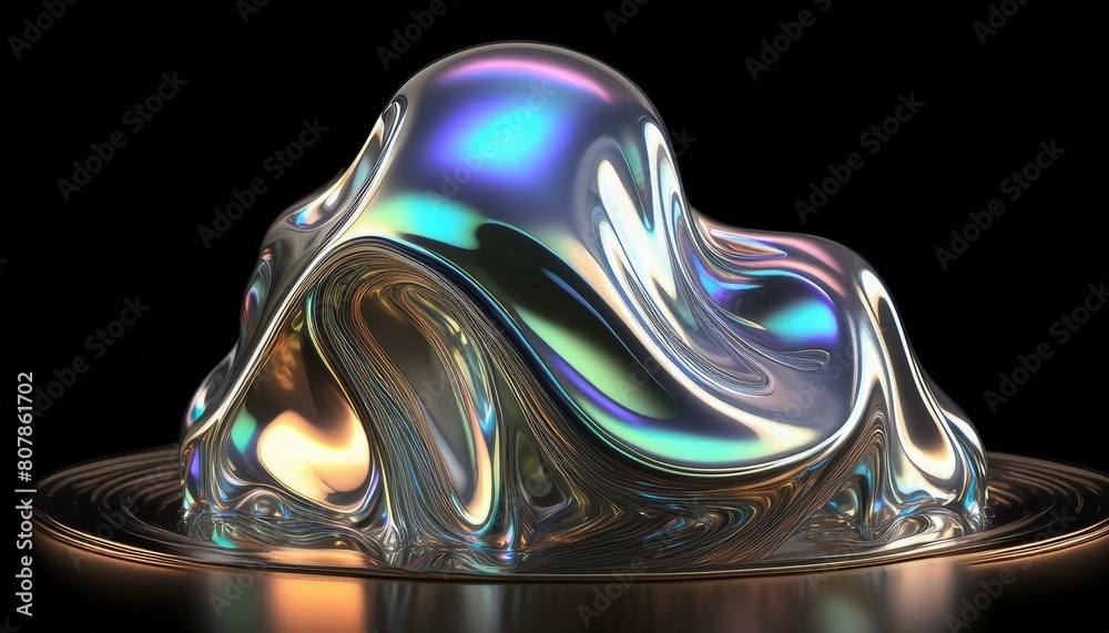 Bold holographic liquid metal shape isolated. Iridescent wavy melted ...