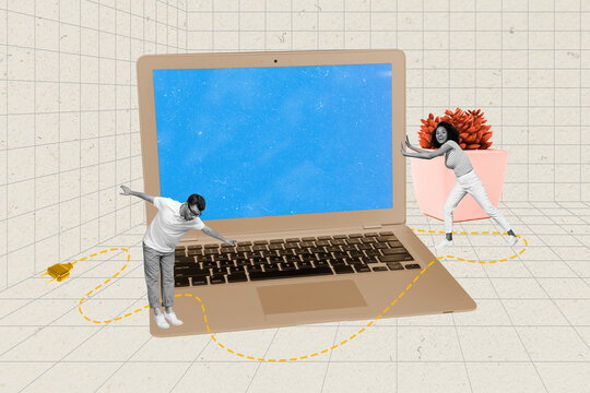 Creative image collage young people balancing man girl push laptop internet connection cable remote access web user checkered background
