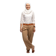 Wall Mural - A woman wearing a white shirt and tan pants is smiling