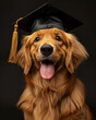 Close-up portrait of a golden retriever puppy wearing a graduation cap tilted on its head