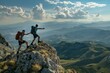 © ArtSpree - Happy hiker on mountain top - celebrating success - young man climbing to fulfill life. Beautiful simple AI generated image in 4K, unique.