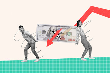 Wall Mural - Creative picture photo image young man woman carry banknote cash dollars falling arrow inflation currency money loss devaluation